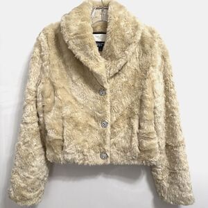 Vintage 1980s Black Rivet Small Faux Fur Coat Jacket Crystal Snaps Lined Pockets